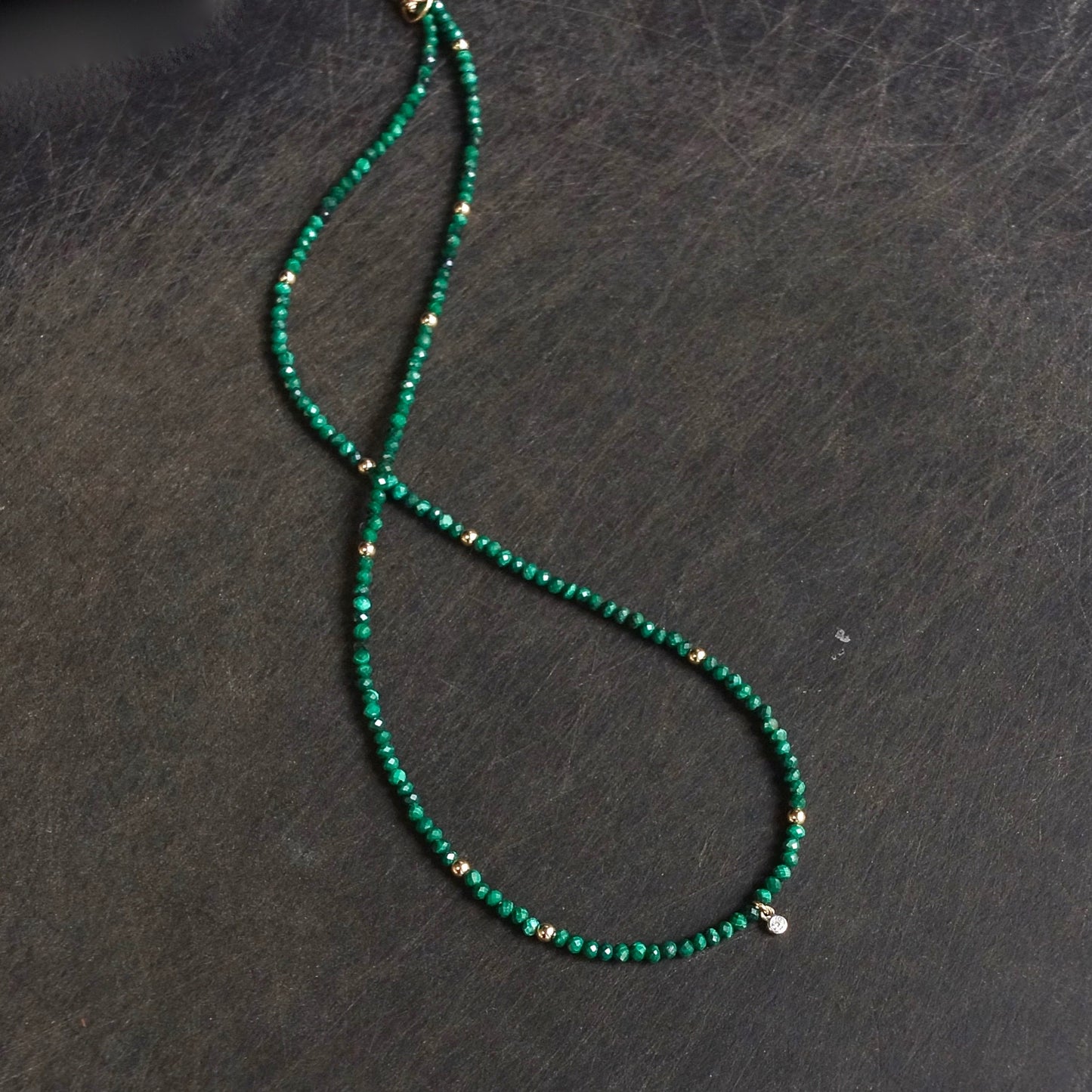 14K: Diamond & Malachite Necklace| 2.5mm | Green Gemstone |Bead Necklace |Dainty Necklace | Fine Jewelry| For Wife| Anniversary Gift