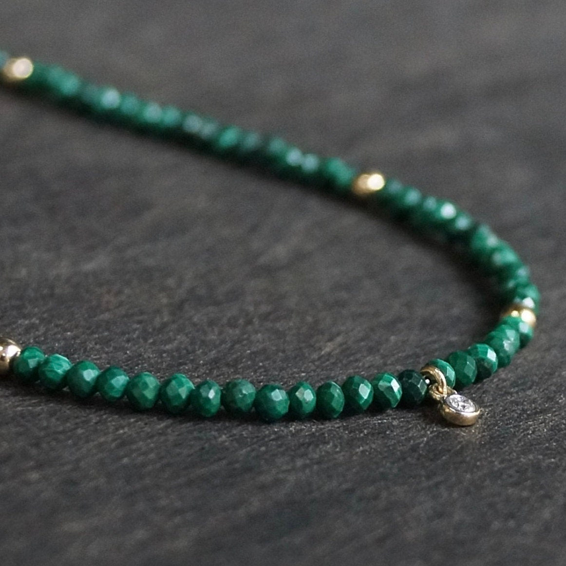 14K: Diamond & Malachite Necklace| 2.5mm | Green Gemstone |Bead Necklace |Dainty Necklace | Fine Jewelry| For Wife| Anniversary Gift