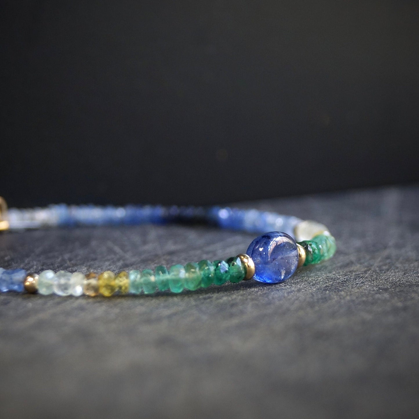 14K Solid Gold: Ombre Blue Sapphire| Natural Emerald| Gradient Bracelet| Fine Jewelry| Boho