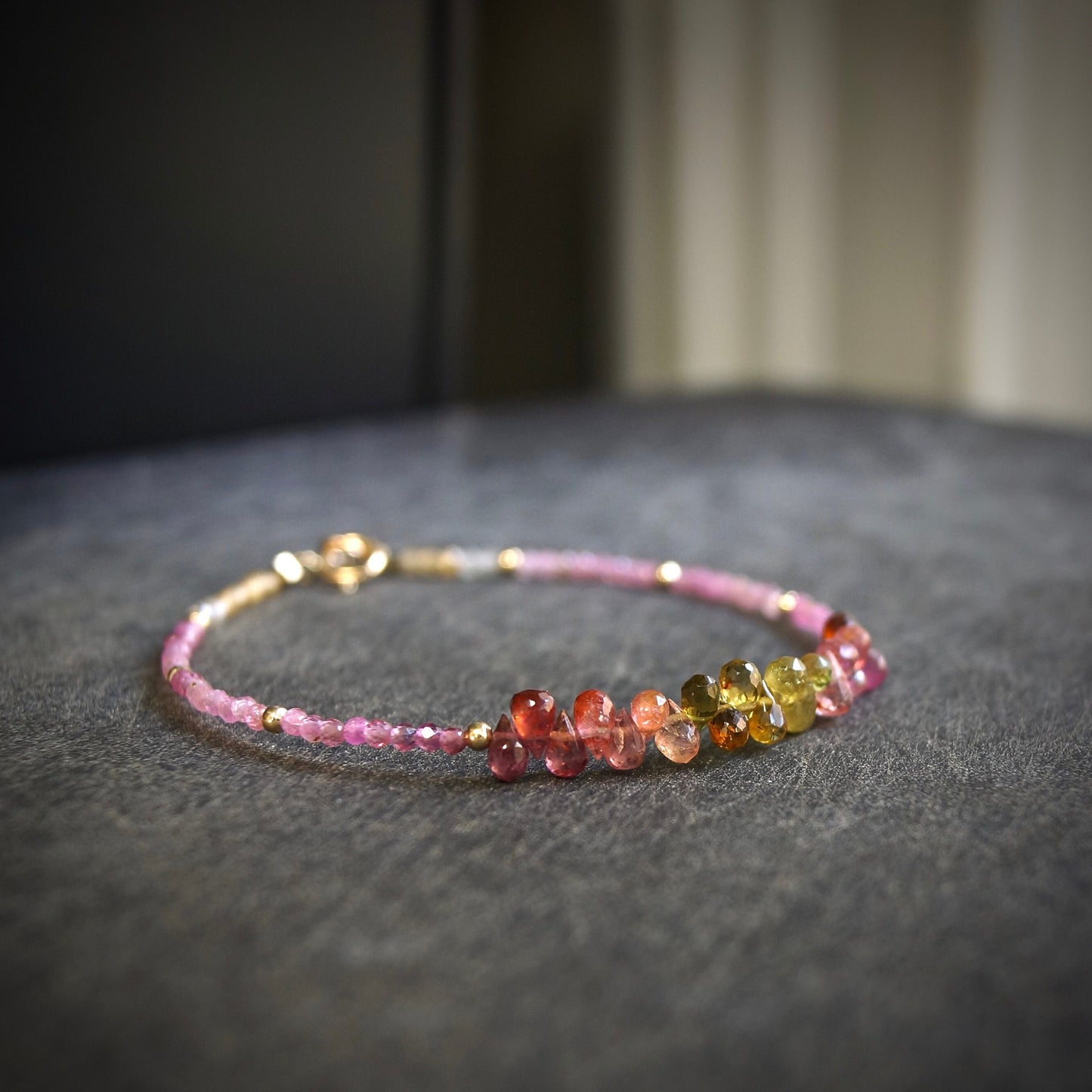 14K Solid Gold: Ombre Pink & Moss Tourmaline Bracelet, Moss Green, Shaded Multicolor Tourmaline, Layered Bracelet, Watermelon, Fine Jewelry