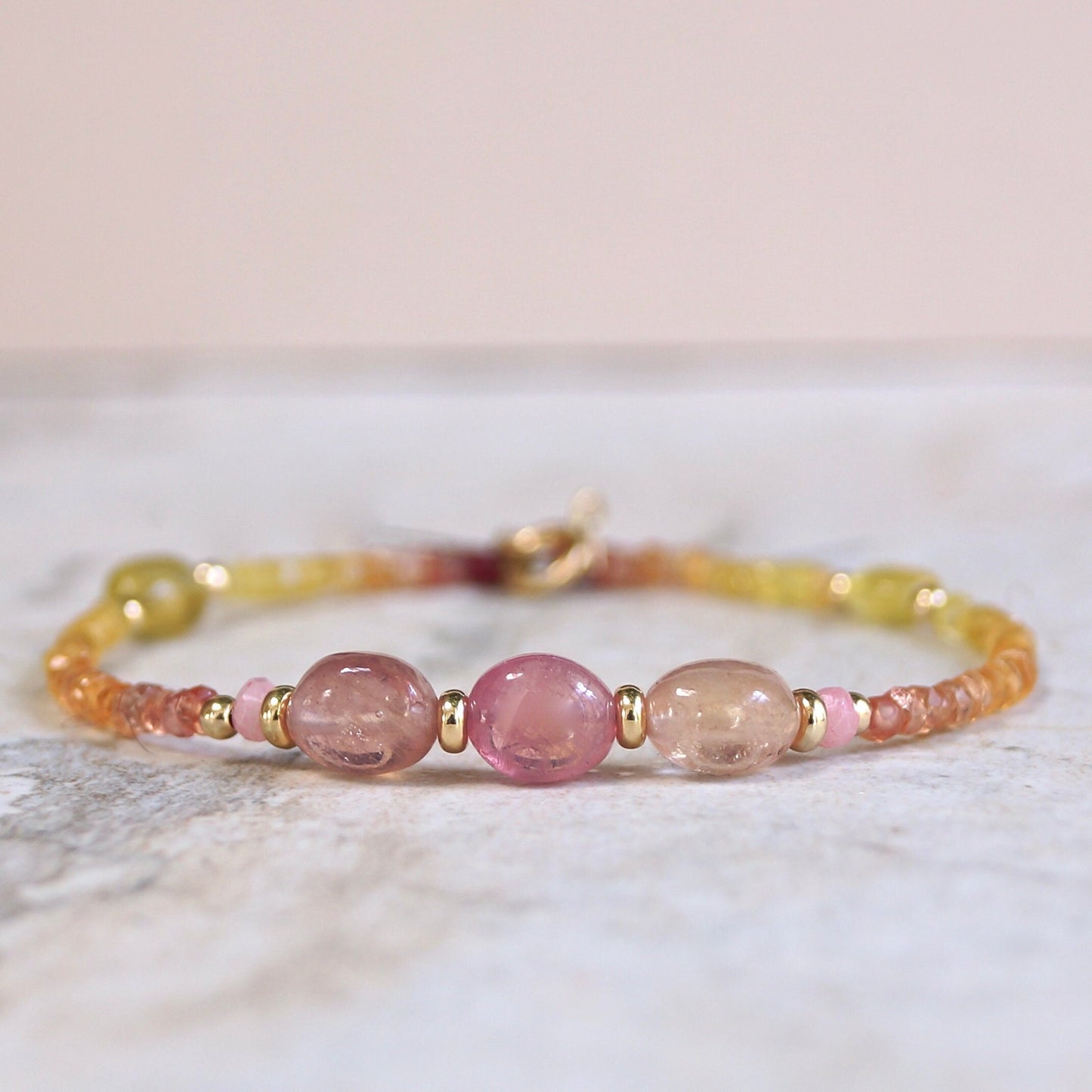 14K Solid Gold: Sapphire Beaded Bracelet | 2.5mm | Ombre Pink Orange Yellow | Jewelry | Boho | Bohemian | Delicate Skinny