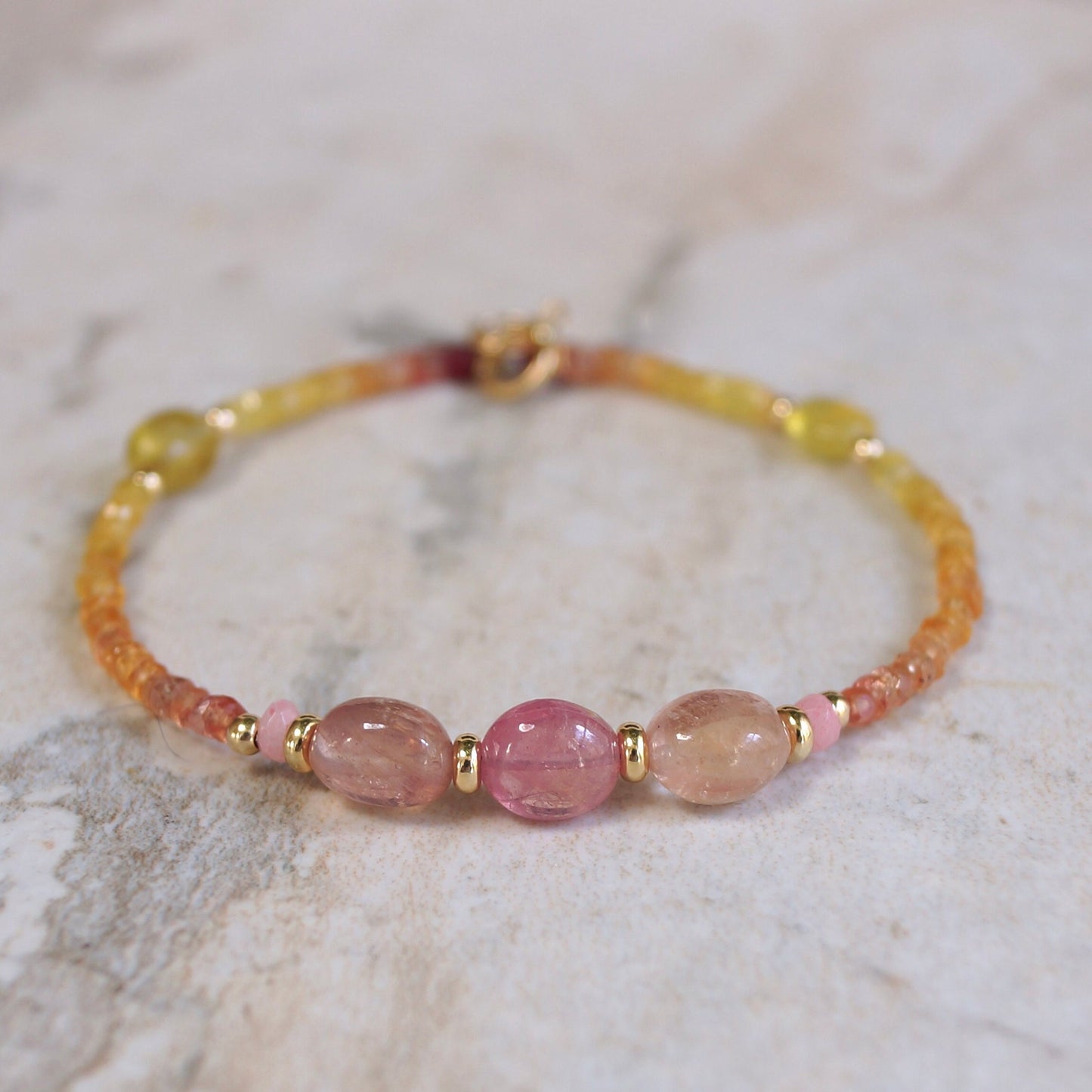 14K Solid Gold: Sapphire Beaded Bracelet | 2.5mm | Ombre Pink Orange Yellow | Jewelry | Boho | Bohemian | Delicate Skinny