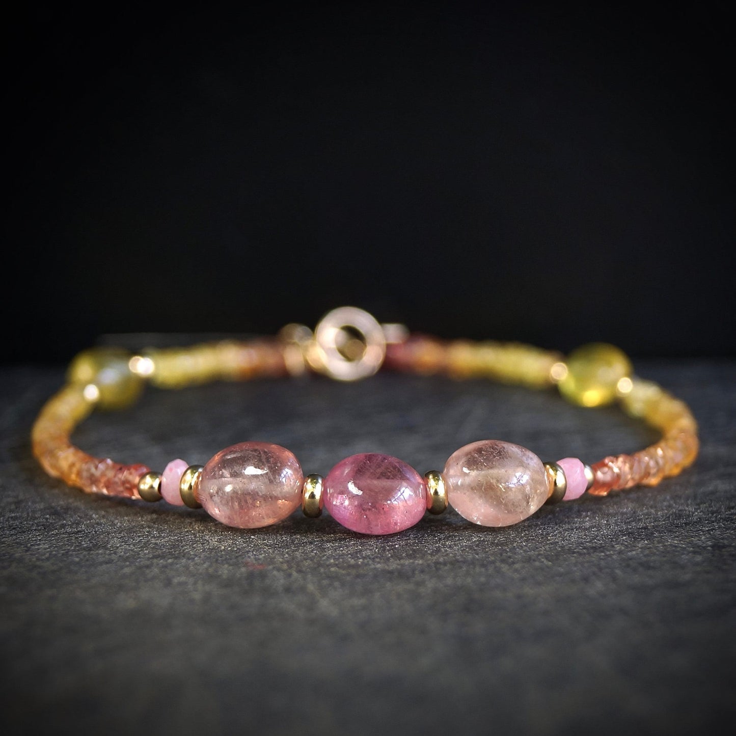 14K Solid Gold: Sapphire Beaded Bracelet | 2.5mm | Ombre Pink Orange Yellow | Jewelry | Boho | Bohemian | Delicate Skinny