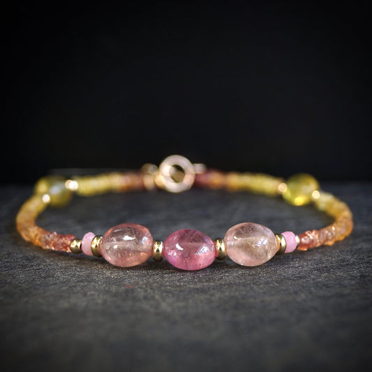 14K Solid Gold: Sapphire Beaded Bracelet | 2.5mm | Ombre Pink Orange Yellow | Jewelry | Boho | Bohemian | Delicate Skinny