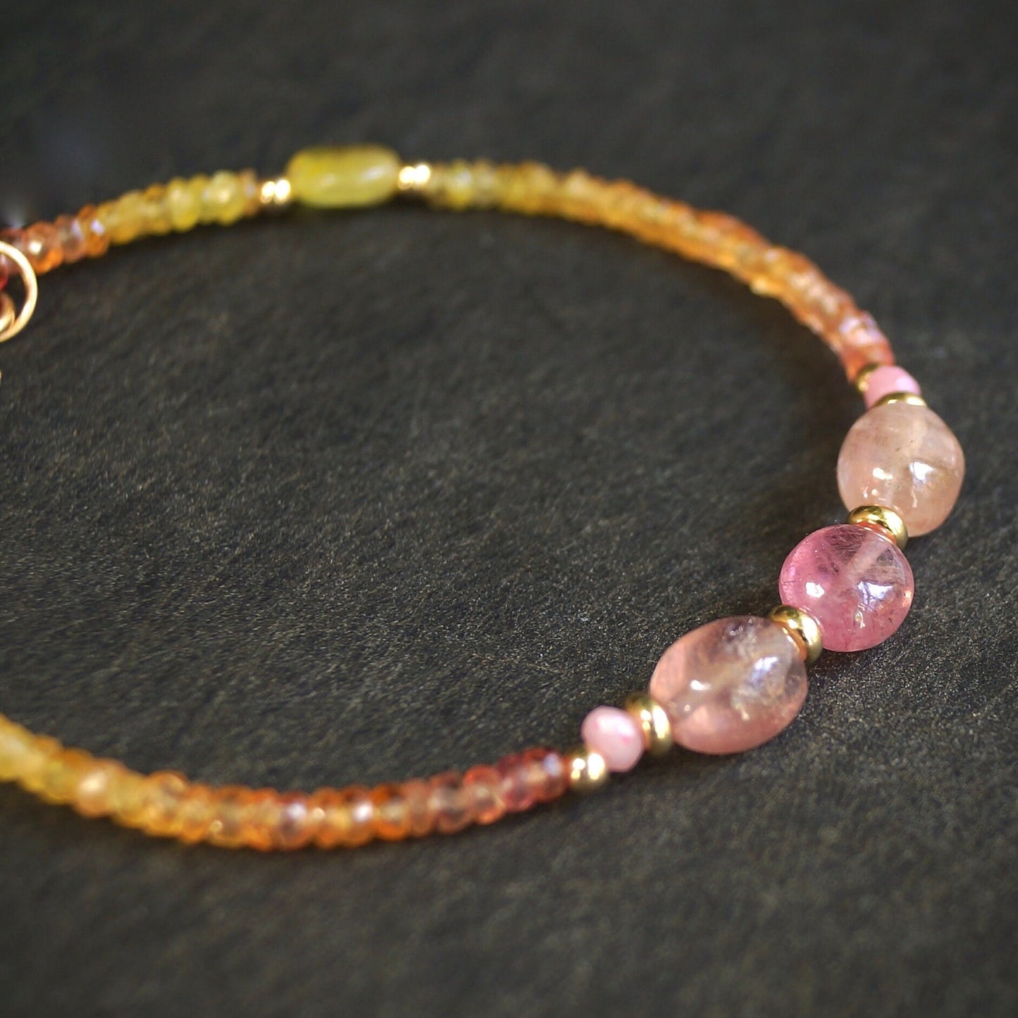 14K Solid Gold: Sapphire Beaded Bracelet | 2.5mm | Ombre Pink Orange Yellow | Jewelry | Boho | Bohemian | Delicate Skinny