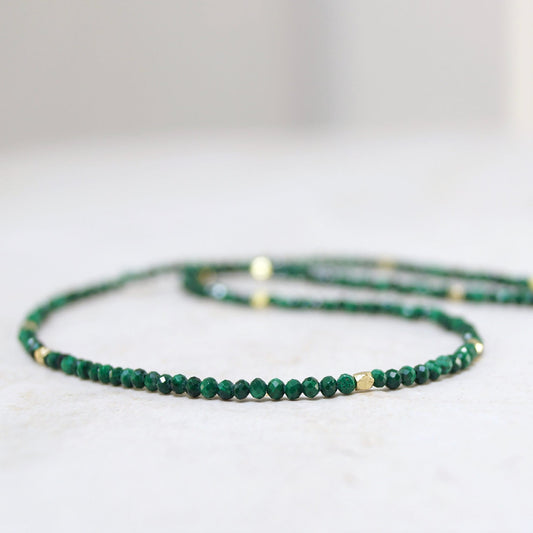 14K Solid Gold: Green Malachite Beaded Necklace, Layering Malachite Necklace, Dainty Deep Green Gemstone Necklace, Fine Jewelry, Minimalist