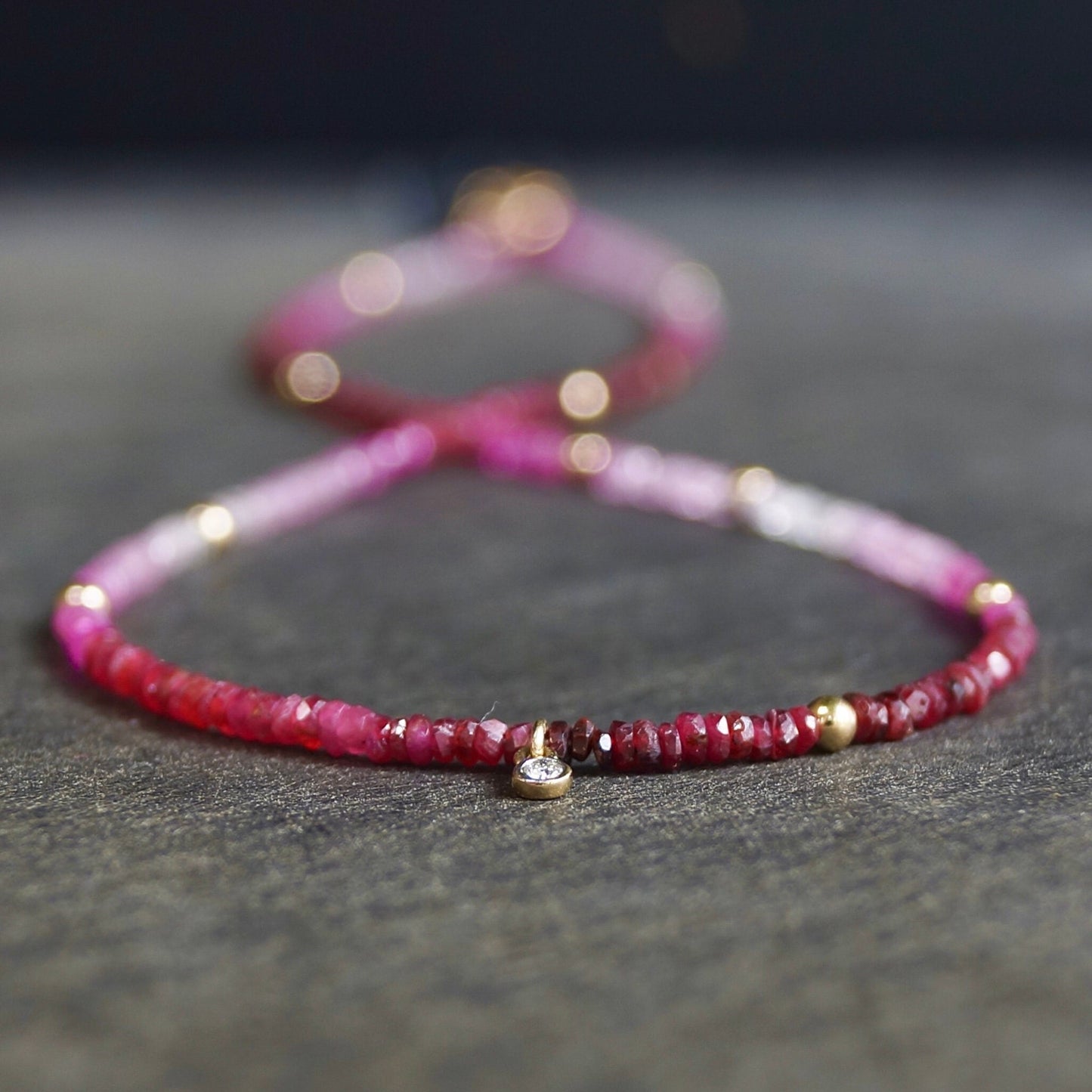 14K Solid Gold: Ombre Shaded Ruby Necklace, Very Skinny Beaded Necklace, October Birthstone, Red Ruby Fine Jewelry