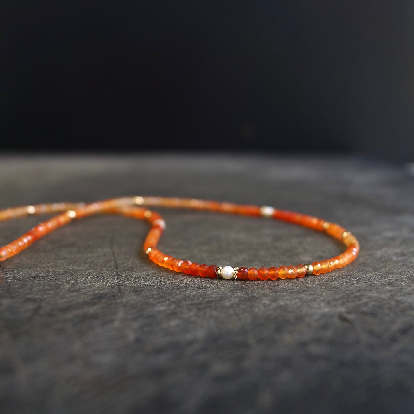 14K Solid Gold: Orange Carnelian Beaded Necklace, Orange Chakra Necklace, Fine Jewelry, Layered Necklace, Shaded Ombre Carnelian