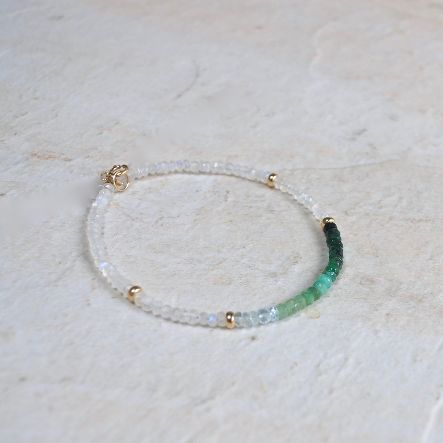 14K Solid Gold: Emerald & Rainbow Moonstone Bracelet |3.5mm| Ombre Green Emerald| Natural Emerald | Fine Jewelry