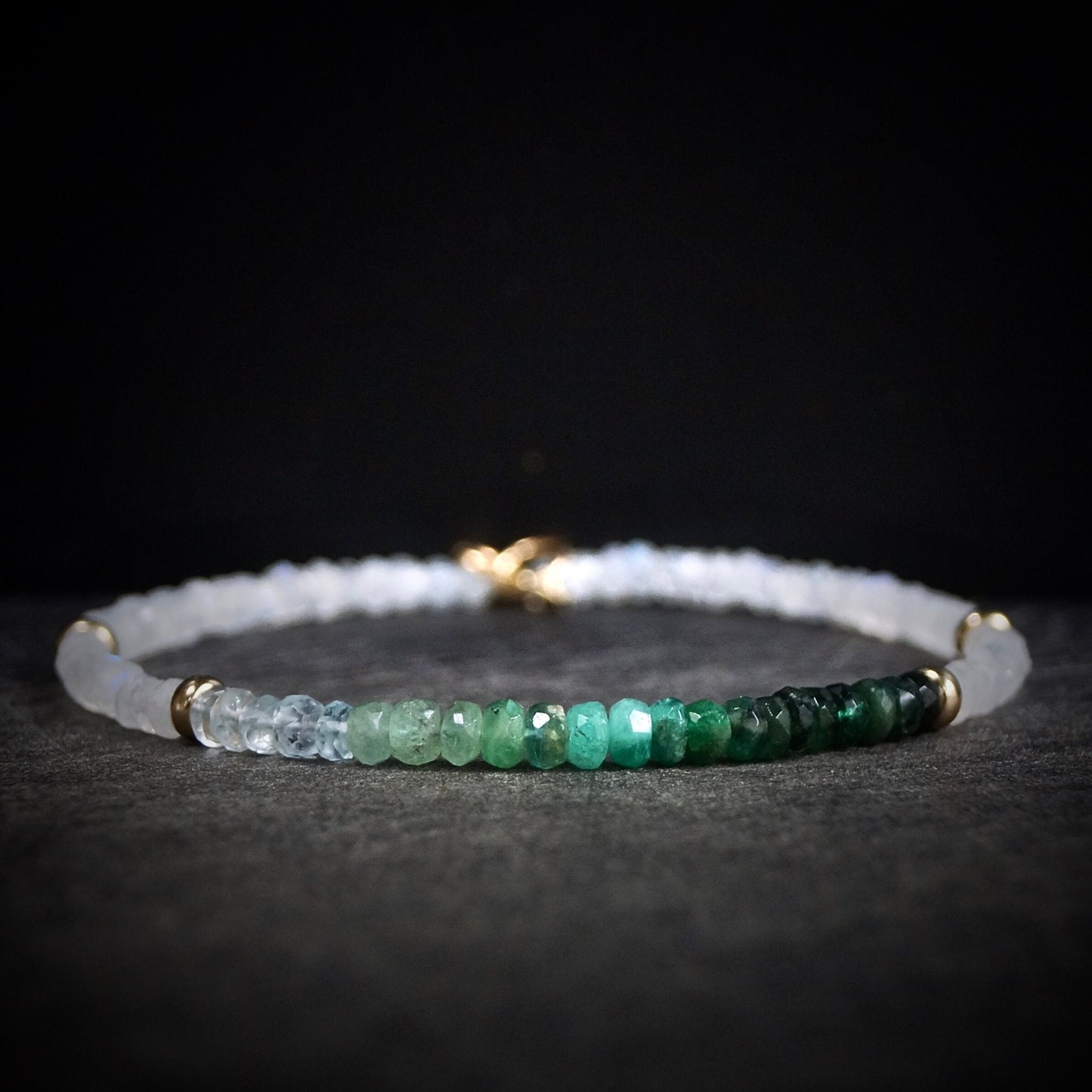 14K Solid Gold: Emerald & Rainbow Moonstone Bracelet |3.5mm| Ombre Green Emerald| Natural Emerald | Fine Jewelry