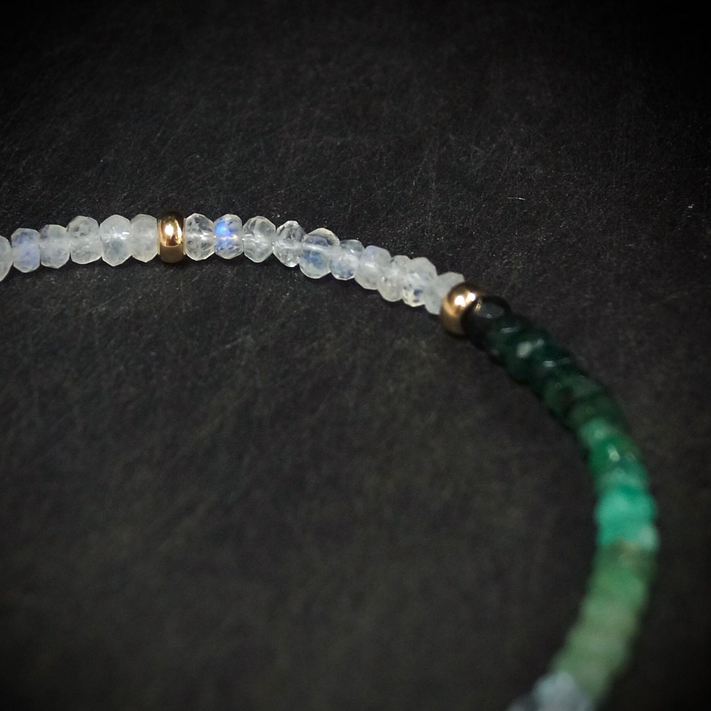 14K Solid Gold: Emerald & Rainbow Moonstone Bracelet |3.5mm| Ombre Green Emerald| Natural Emerald | Fine Jewelry