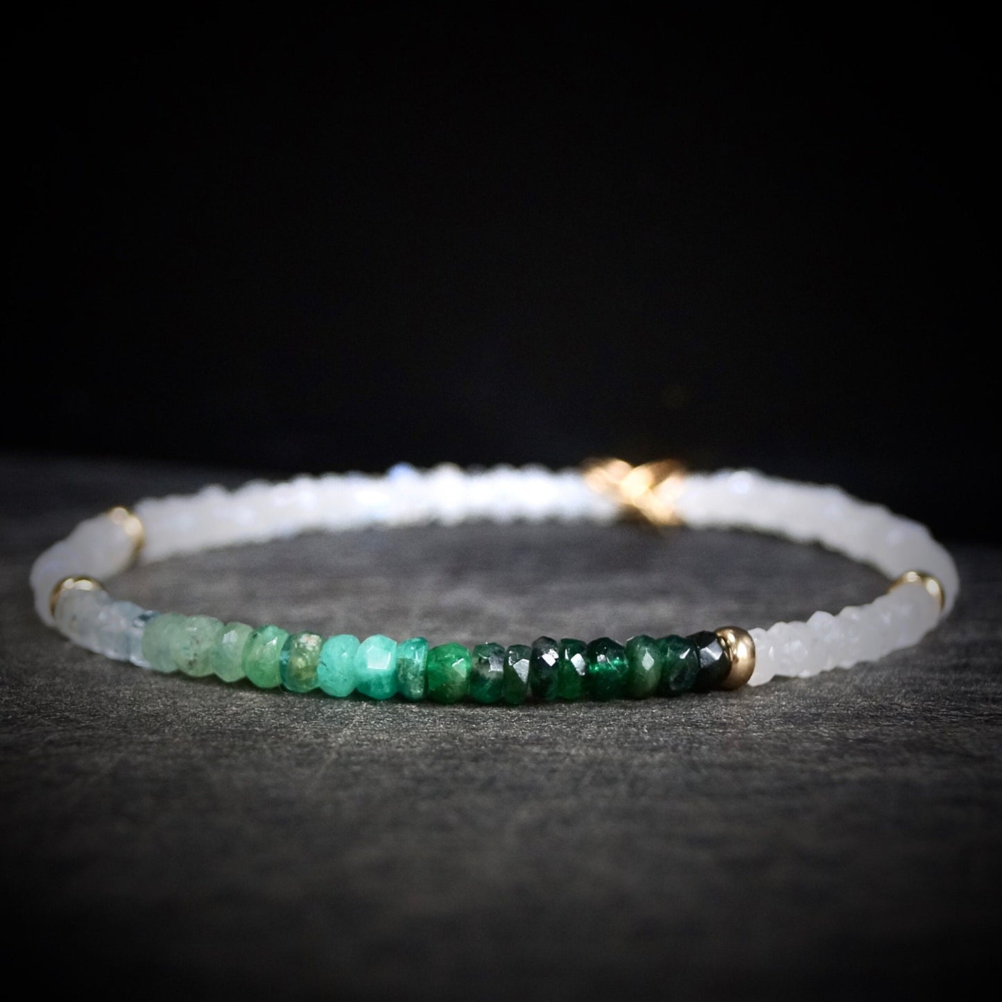 14K Solid Gold: Emerald & Rainbow Moonstone Bracelet |3.5mm| Ombre Green Emerald| Natural Emerald | Fine Jewelry