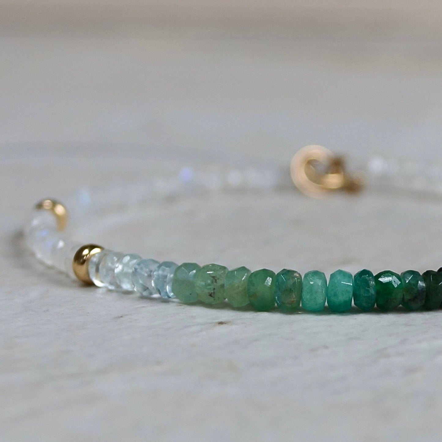 14K Solid Gold: Emerald & Rainbow Moonstone Bracelet |3.5mm| Ombre Green Emerald| Natural Emerald | Fine Jewelry