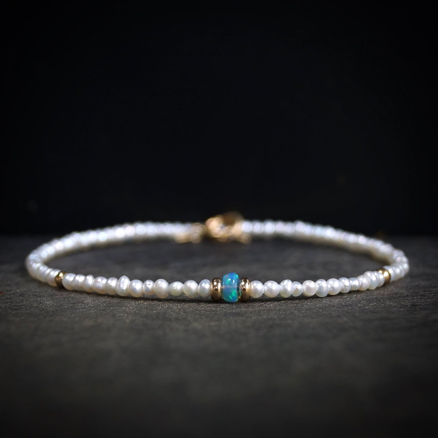 14K Solid Gold: Natural Pearl Bracelet| 2.5mm| Blue Opal| Dainty Opal Bracelet| Delicate