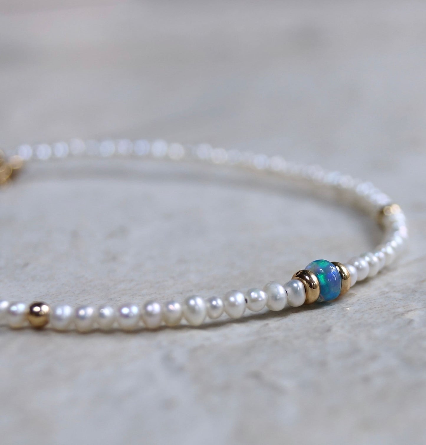 14K Solid Gold: Natural Pearl Bracelet| 2.5mm| Blue Opal| Dainty Opal Bracelet| Delicate