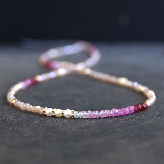 14K Solid Gold: Ruby & Peach Moonstone Necklace | Ombre Emerald| Gradient Pink Necklace| Boho| Natural| Skinny Bead Necklace| Fine Jewelry