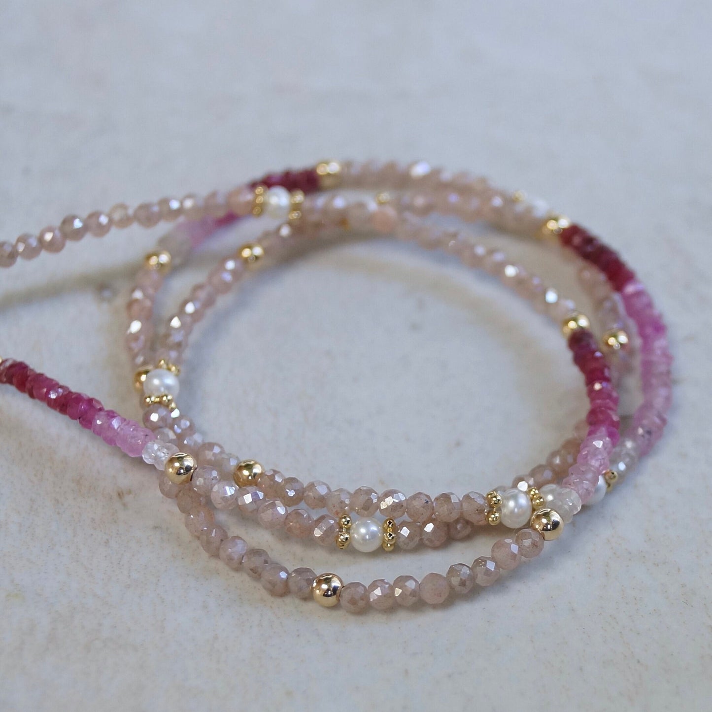 14K Solid Gold: Ruby & Peach Moonstone Necklace | Ombre Emerald| Gradient Pink Necklace| Boho| Natural| Skinny Bead Necklace| Fine Jewelry