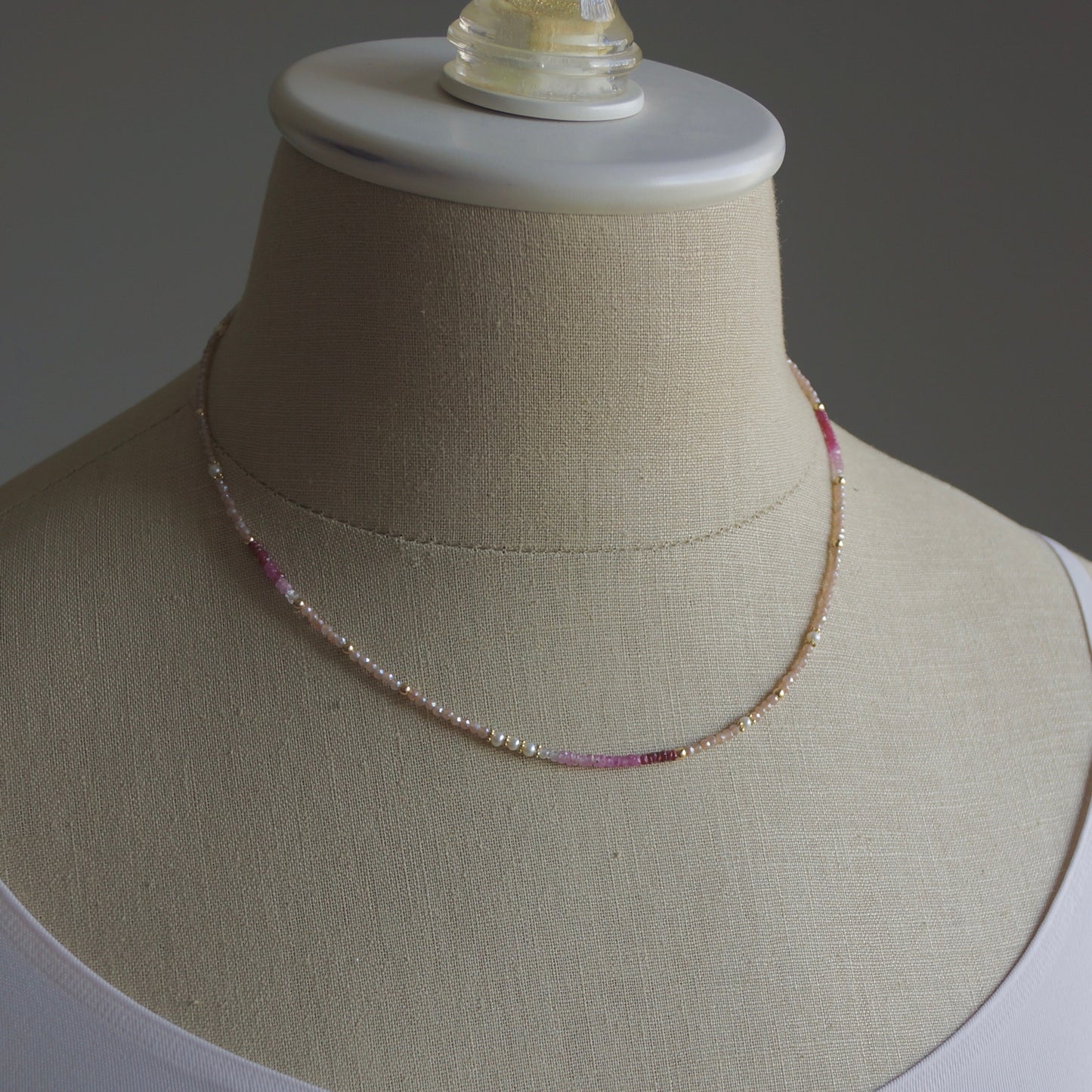 14K Solid Gold: Ruby & Peach Moonstone Necklace | Ombre Emerald| Gradient Pink Necklace| Boho| Natural| Skinny Bead Necklace| Fine Jewelry