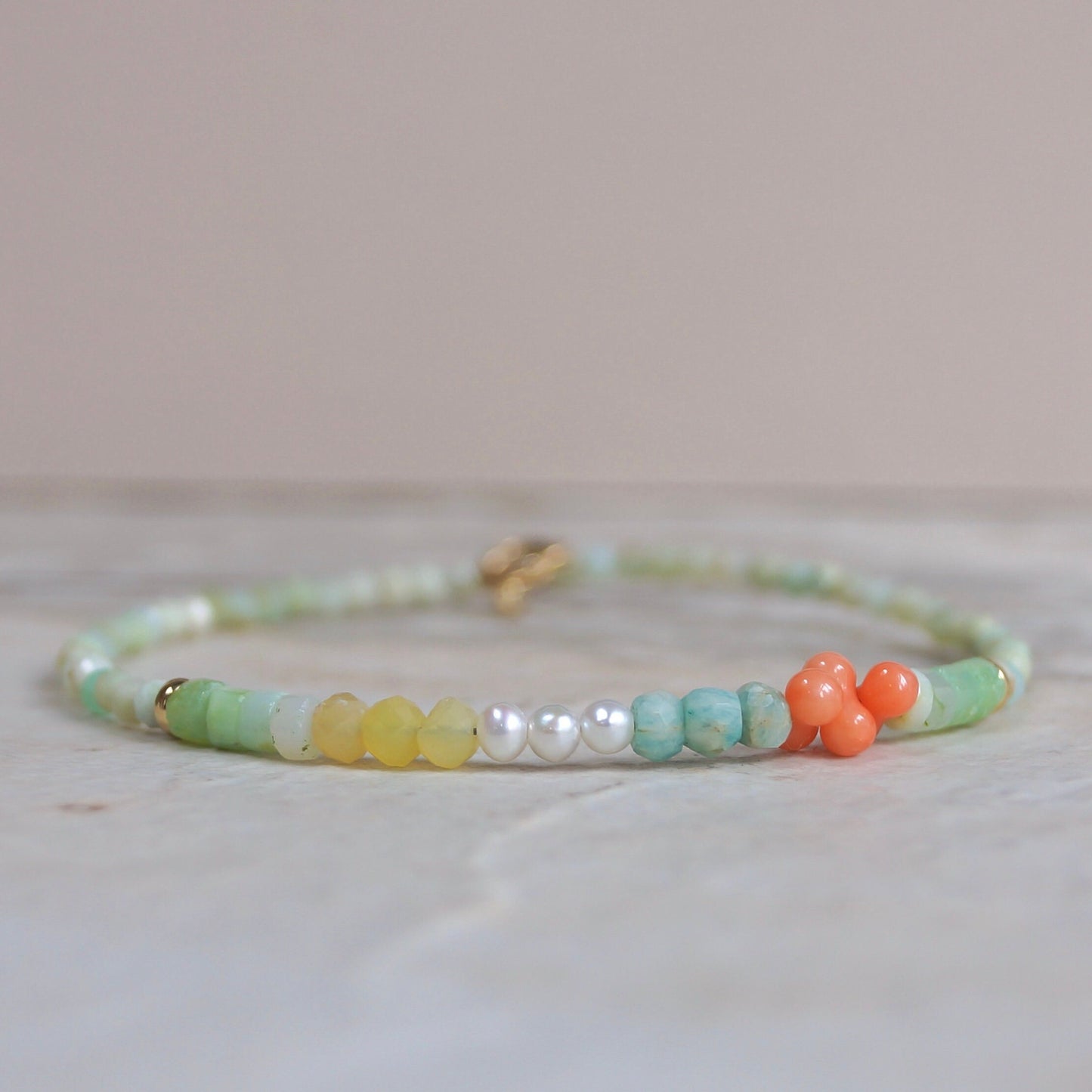 14K Solid Gold: Blue Opal Bead Bracelet | Pastel Rainbow Gemstones | Boho Bracelet | Baby Blue and Pink | Pastel Colors