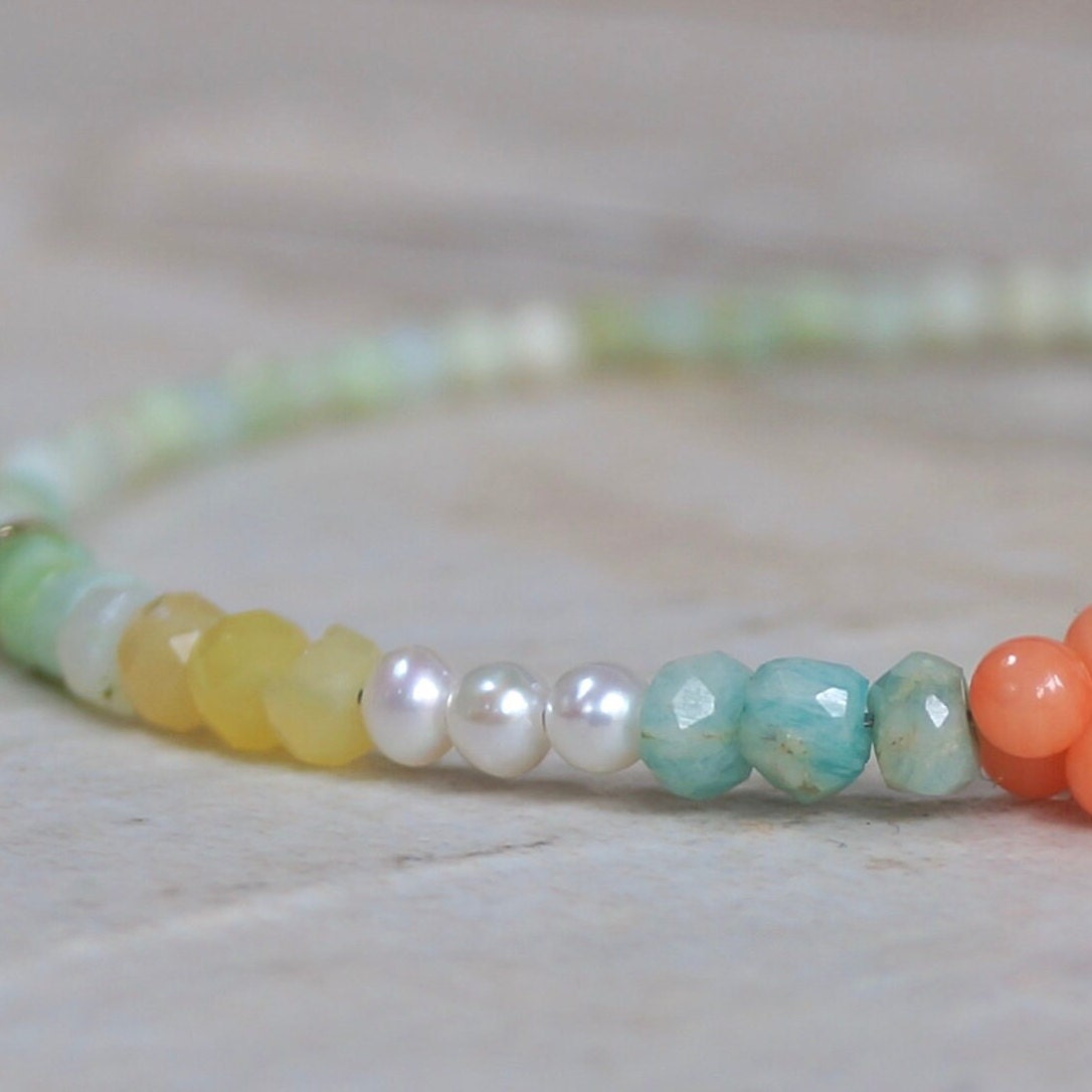 14K Solid Gold: Blue Opal Bead Bracelet | Pastel Rainbow Gemstones | Boho Bracelet | Baby Blue and Pink | Pastel Colors