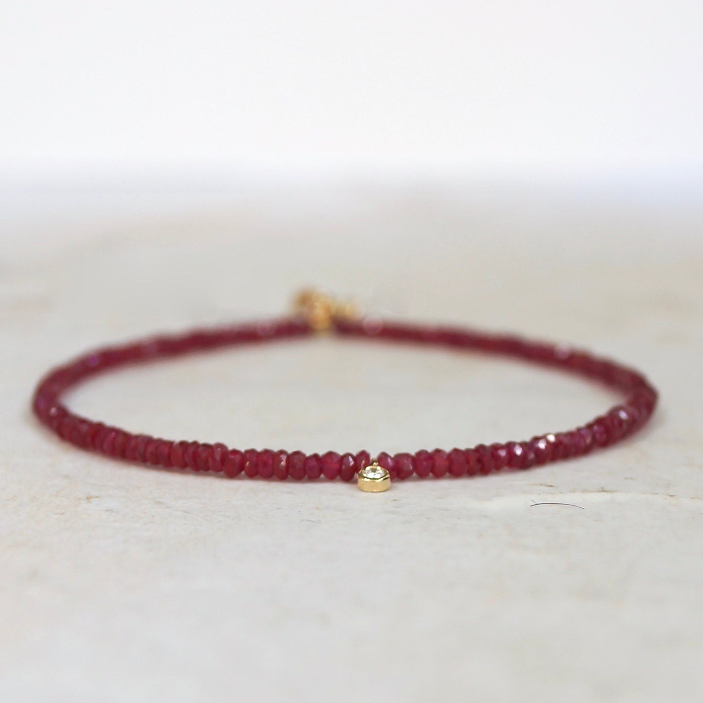 Diamond & Ruby Bracelet 14K Gold | 2.5 mm | Natural Diamond Charm | Natural Ruby | Bohemian| For Wife  | Fine Jewelry | July Birthstone