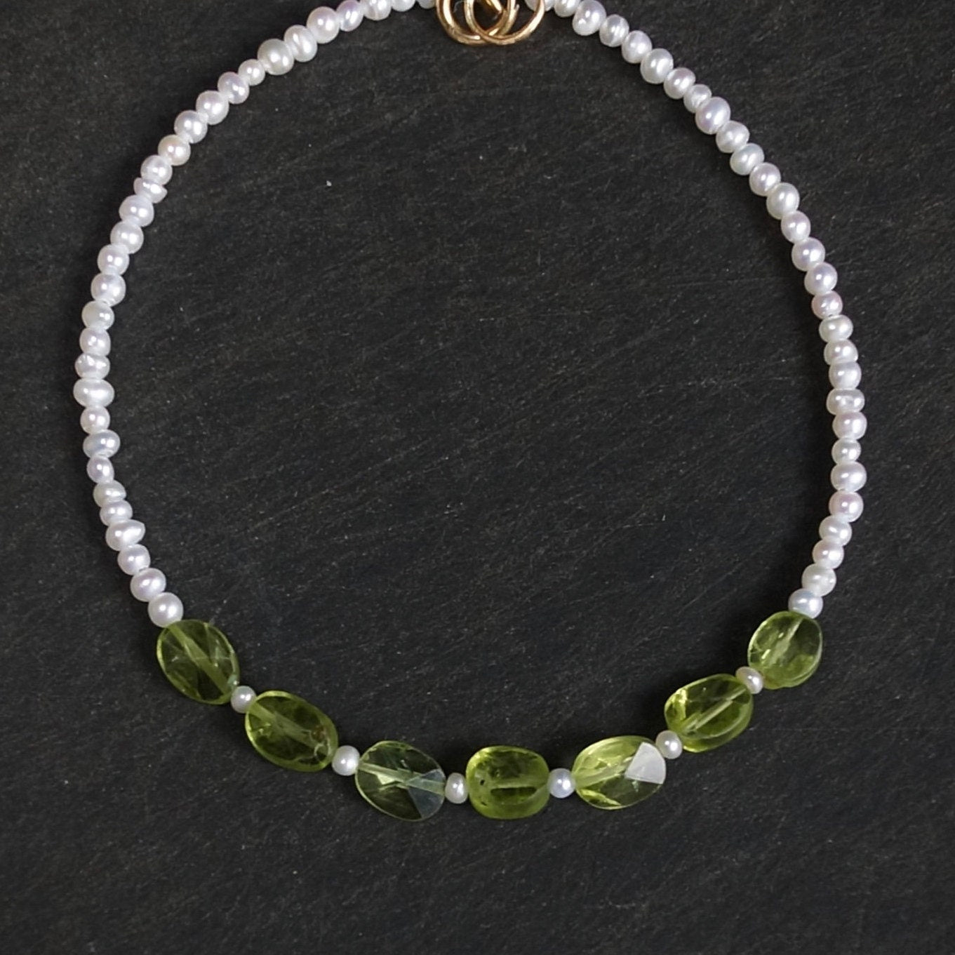 14K Solid Gold: Peridot & Pearl Bead Bracelet| Green Crystal Bracelet| Natural Pearl Bracelet