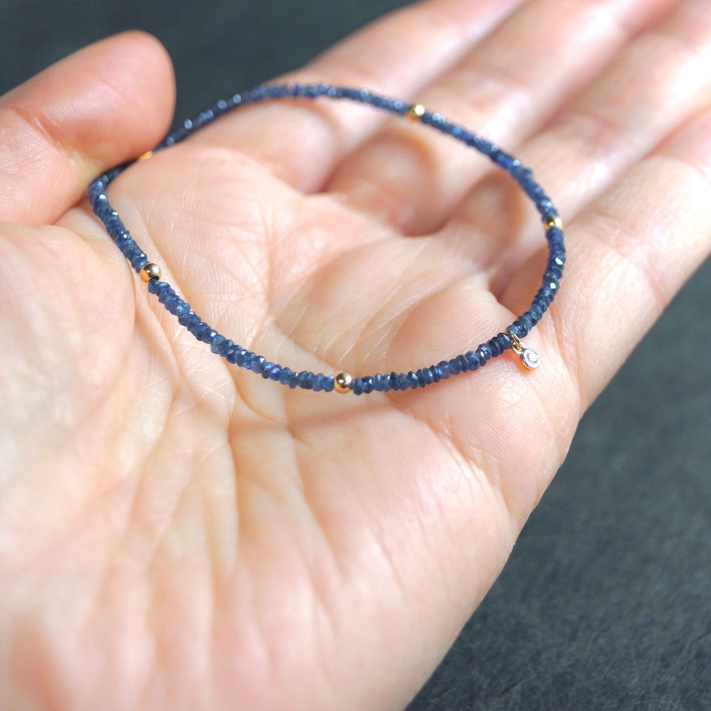 14K: Diamond & Blue Sapphire Bracelet |2mm |Natural Sapphire |Diamond Charm| Bead Bracelet| For Wife| Anniversary Gift| Solid Gold