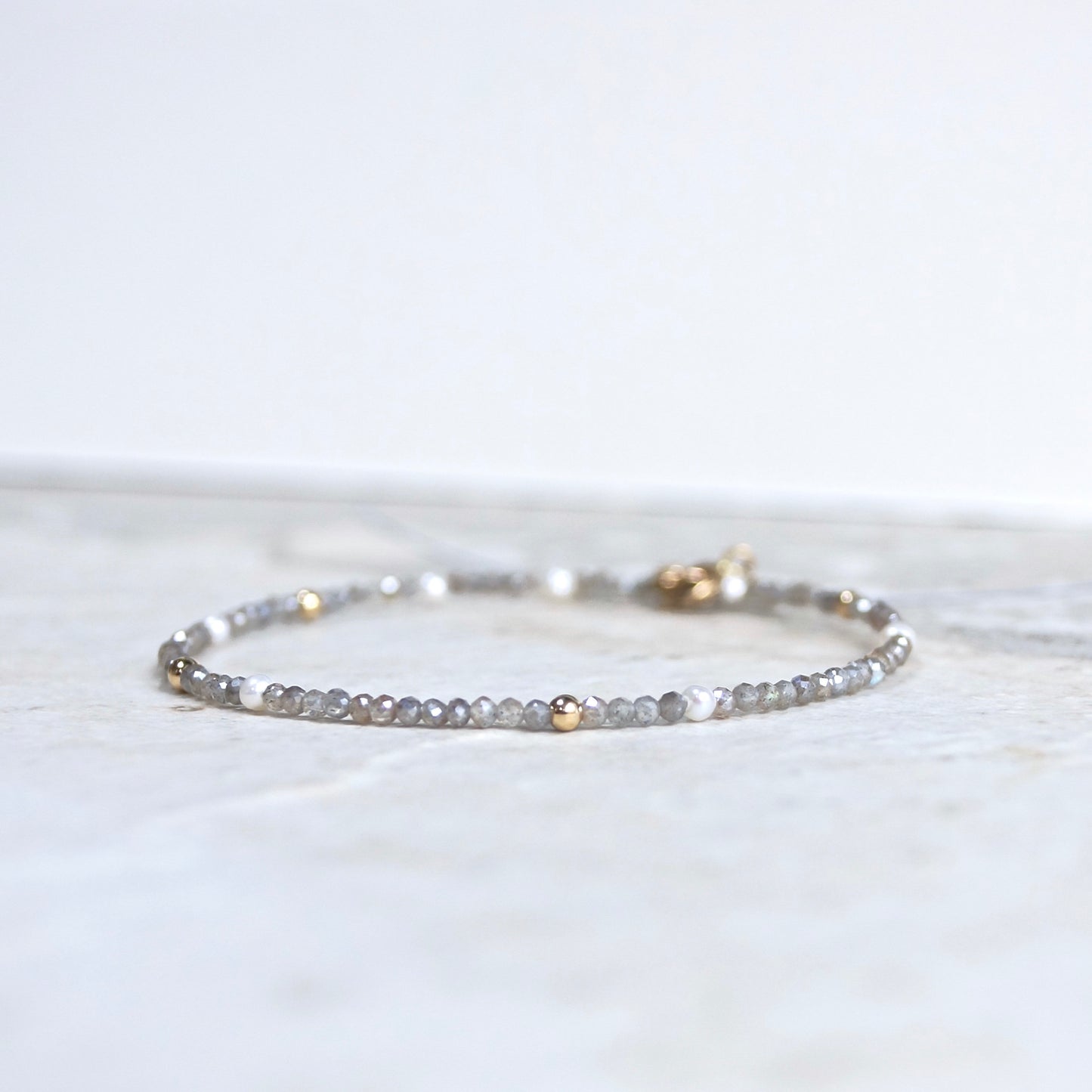 14K Solid Gold: Labradorite Bead Bracelet |2mm|  Delicate Quartz Bracelet | Silver Grey Gemstone | Gift for Her | Skinny Bracelet