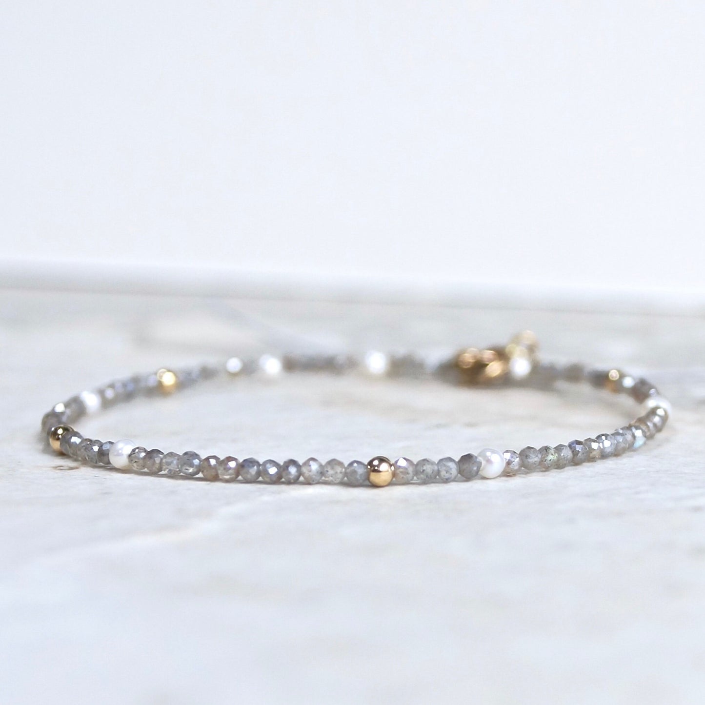 14K Solid Gold: Labradorite Bead Bracelet |2mm|  Delicate Quartz Bracelet | Silver Grey Gemstone | Gift for Her | Skinny Bracelet