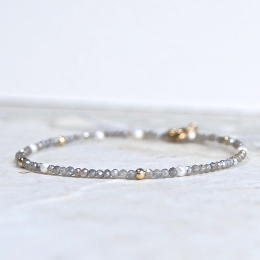 14K Solid Gold: Labradorite Bead Bracelet |2mm|  Delicate Quartz Bracelet | Silver Grey Gemstone | Gift for Her | Skinny Bracelet