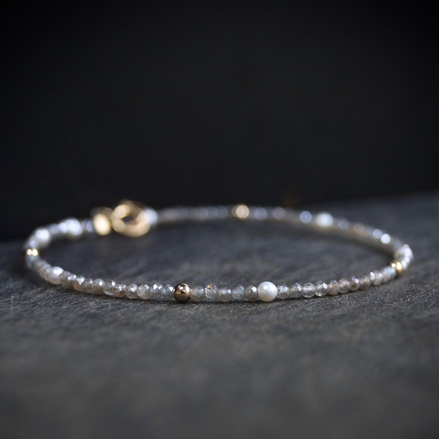 14K Solid Gold: Labradorite Bead Bracelet |2mm|  Delicate Quartz Bracelet | Silver Grey Gemstone | Gift for Her | Skinny Bracelet