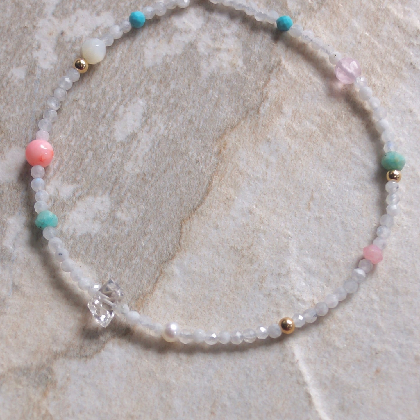 14K Solid Gold: Moonstone Bead Bracelet |2.5mm|  Delicate Quartz Bracelet |Pastel colors| Soft Shades | Gift for Her | Skinny Bracelet