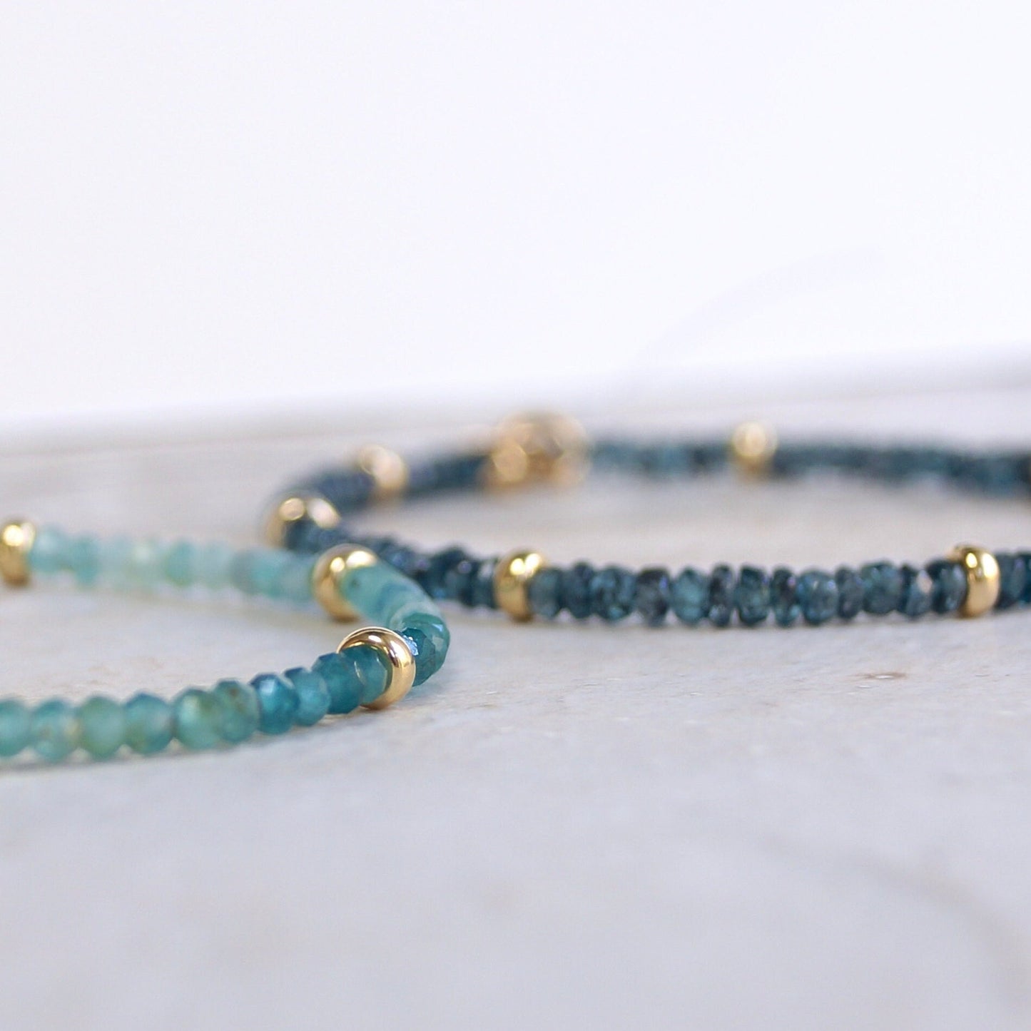 Set of 2: Teal Kyanite & Grandidierite Bracelets| 3mm| 14K Solid Gold| Teal Green| Fine Jewelry| Healing Crystal | Spiritual Bracelet