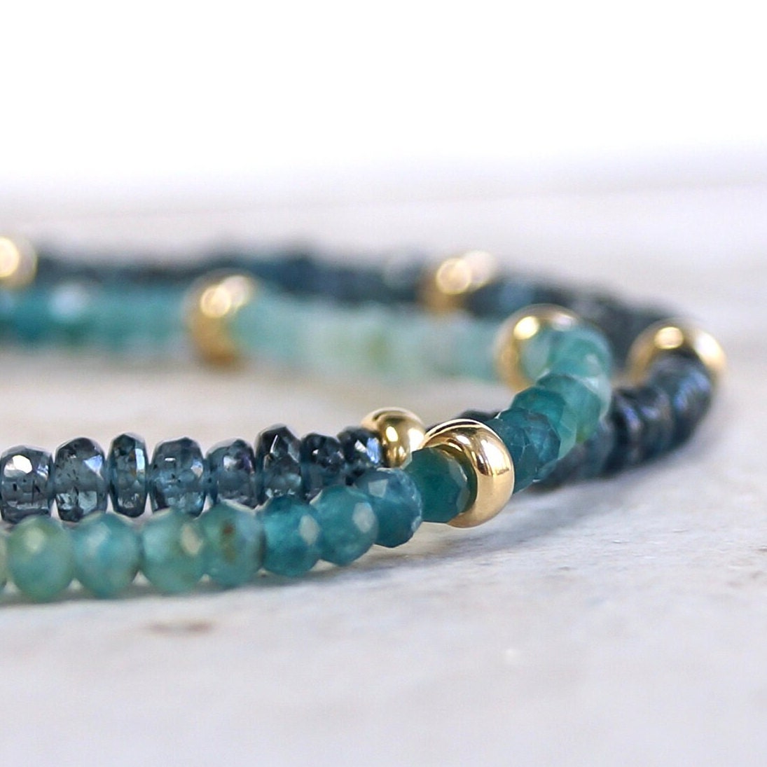 Set of 2: Teal Kyanite & Grandidierite Bracelets| 3mm| 14K Solid Gold| Teal Green| Fine Jewelry| Healing Crystal | Spiritual Bracelet