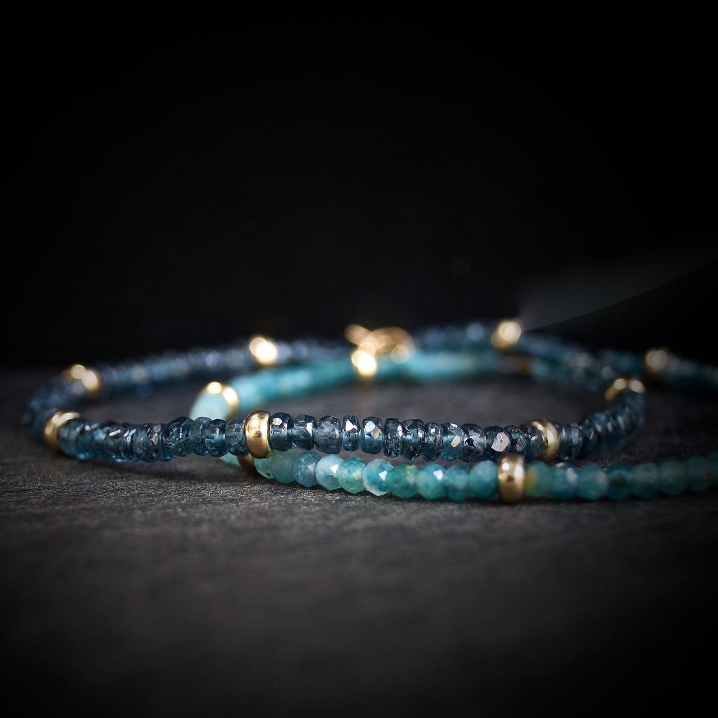 Set of 2: Teal Kyanite & Grandidierite Bracelets| 3mm| 14K Solid Gold| Teal Green| Fine Jewelry| Healing Crystal | Spiritual Bracelet