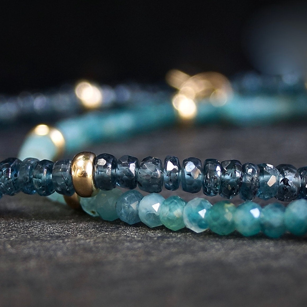 Set of 2: Teal Kyanite & Grandidierite Bracelets| 3mm| 14K Solid Gold| Teal Green| Fine Jewelry| Healing Crystal | Spiritual Bracelet