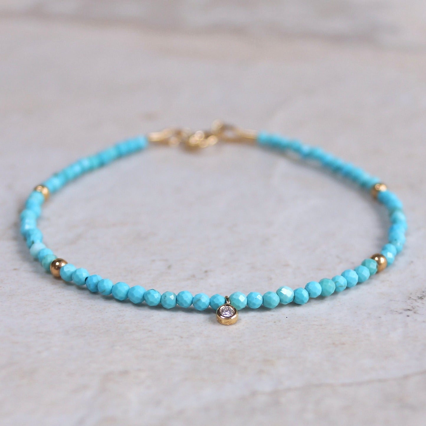 14K: Natural Diamond & Turquoise Bracelet | 2.5mm | Natural Diamond Charm | Sleeping Beauty | Boho| Delicate  | Fine Jewelry | Anniversary