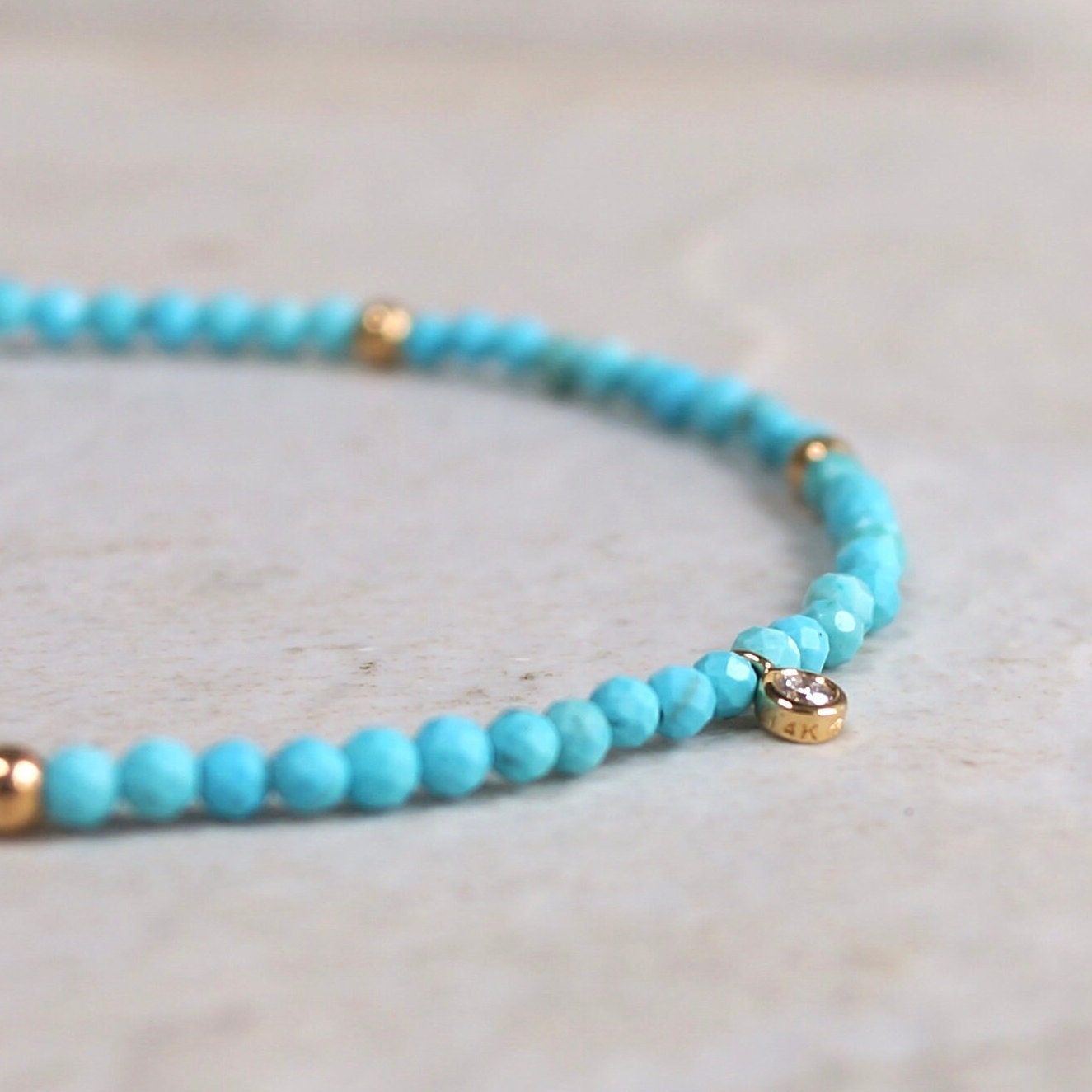 14K: Natural Diamond & Turquoise Bracelet | 2.5mm | Natural Diamond Charm | Sleeping Beauty | Boho| Delicate  | Fine Jewelry | Anniversary