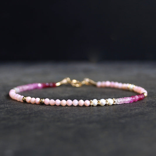 14K Solid Gold: Ruby & Pink Opal Bracelet | Ombre Ruby| Gradient Pink Bracelet| Boho| Natural| Skinny Bead Bracelet| Fine Jewelry