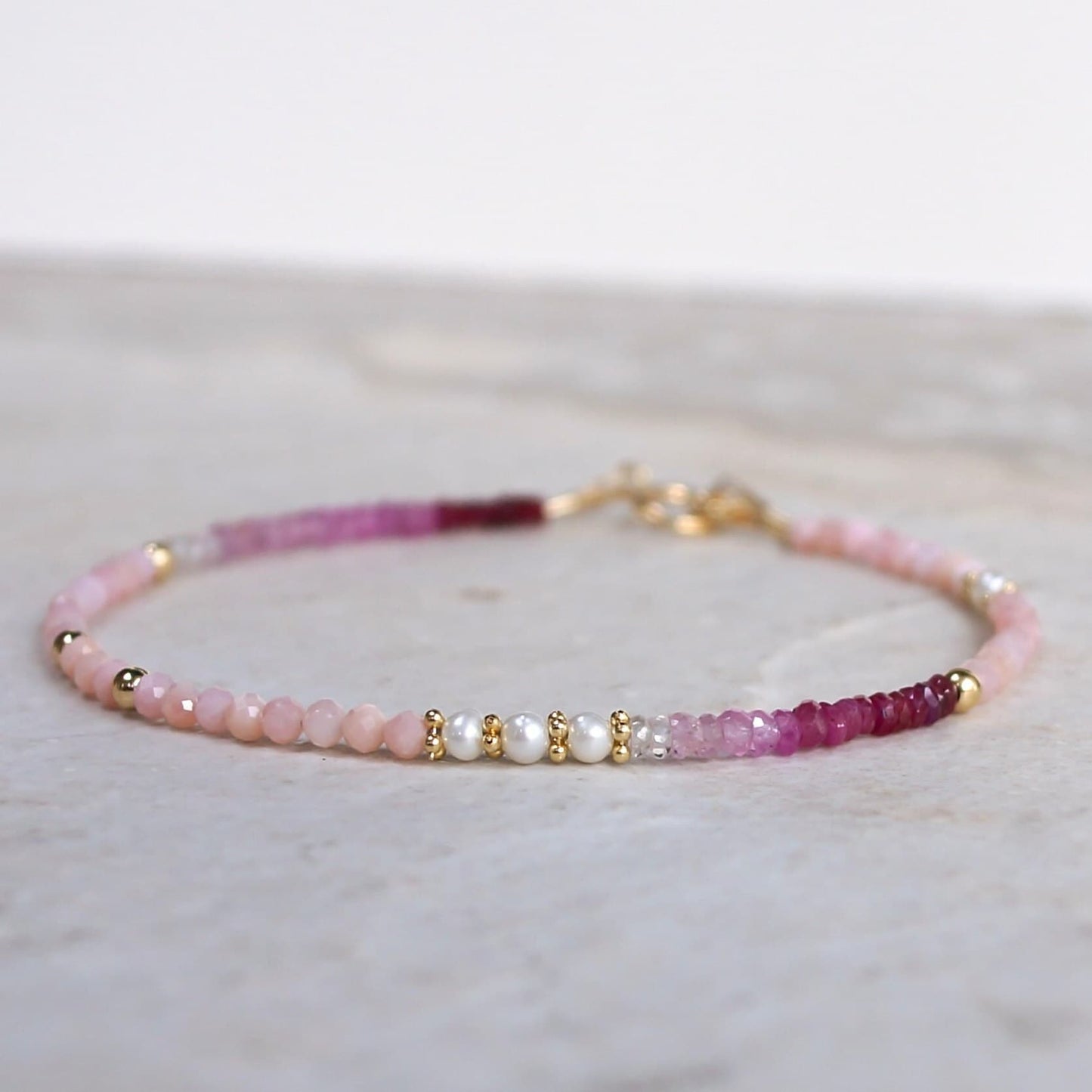 14K Solid Gold: Ruby & Pink Opal Bracelet | Ombre Ruby| Gradient Pink Bracelet| Boho| Natural| Skinny Bead Bracelet| Fine Jewelry