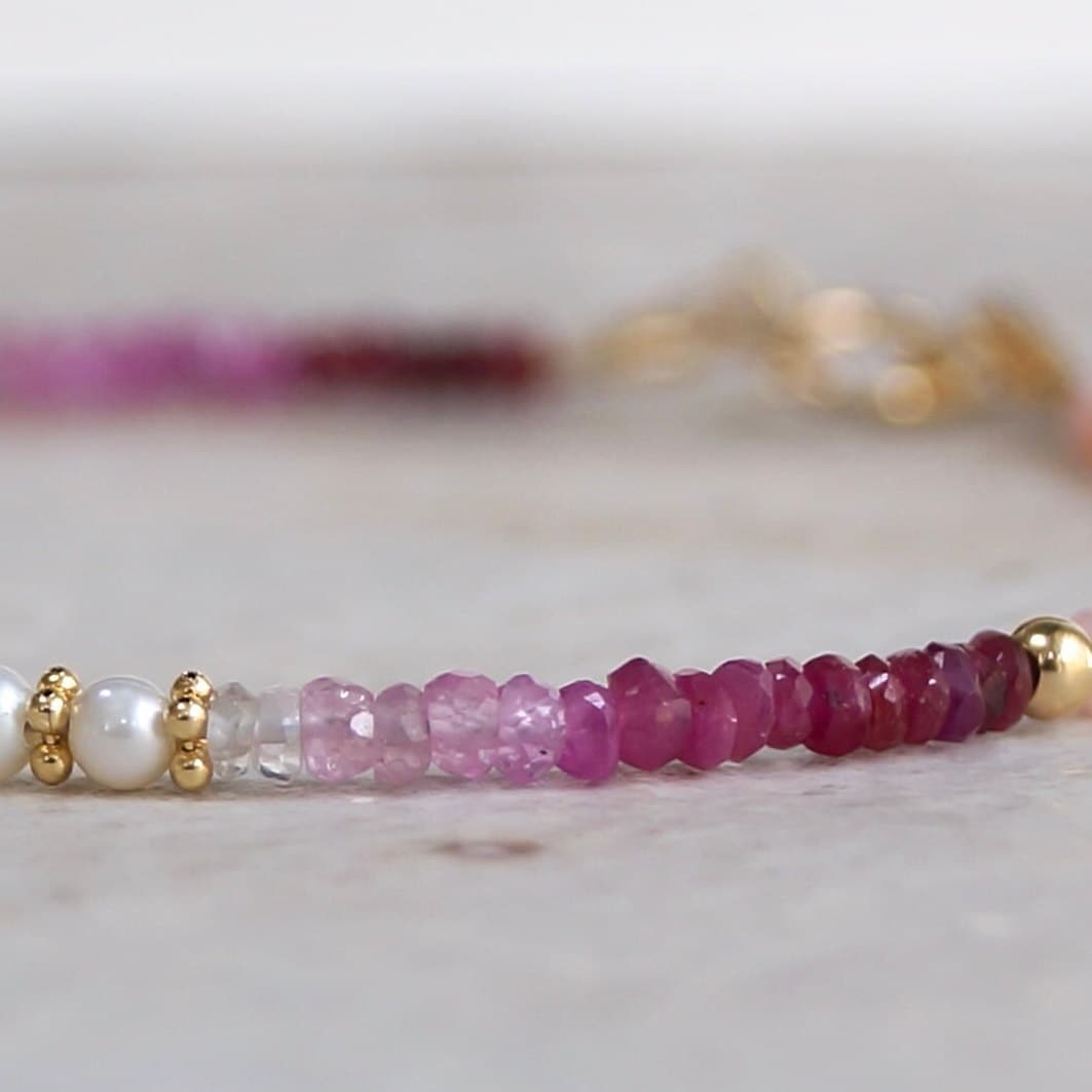 14K Solid Gold: Ruby & Pink Opal Bracelet | Ombre Ruby| Gradient Pink Bracelet| Boho| Natural| Skinny Bead Bracelet| Fine Jewelry