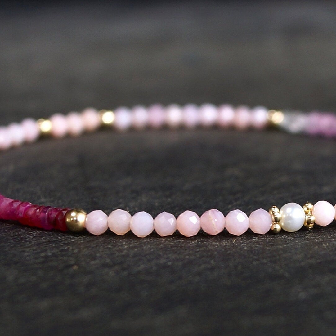 14K Solid Gold: Ruby & Pink Opal Bracelet | Ombre Ruby| Gradient Pink Bracelet| Boho| Natural| Skinny Bead Bracelet| Fine Jewelry