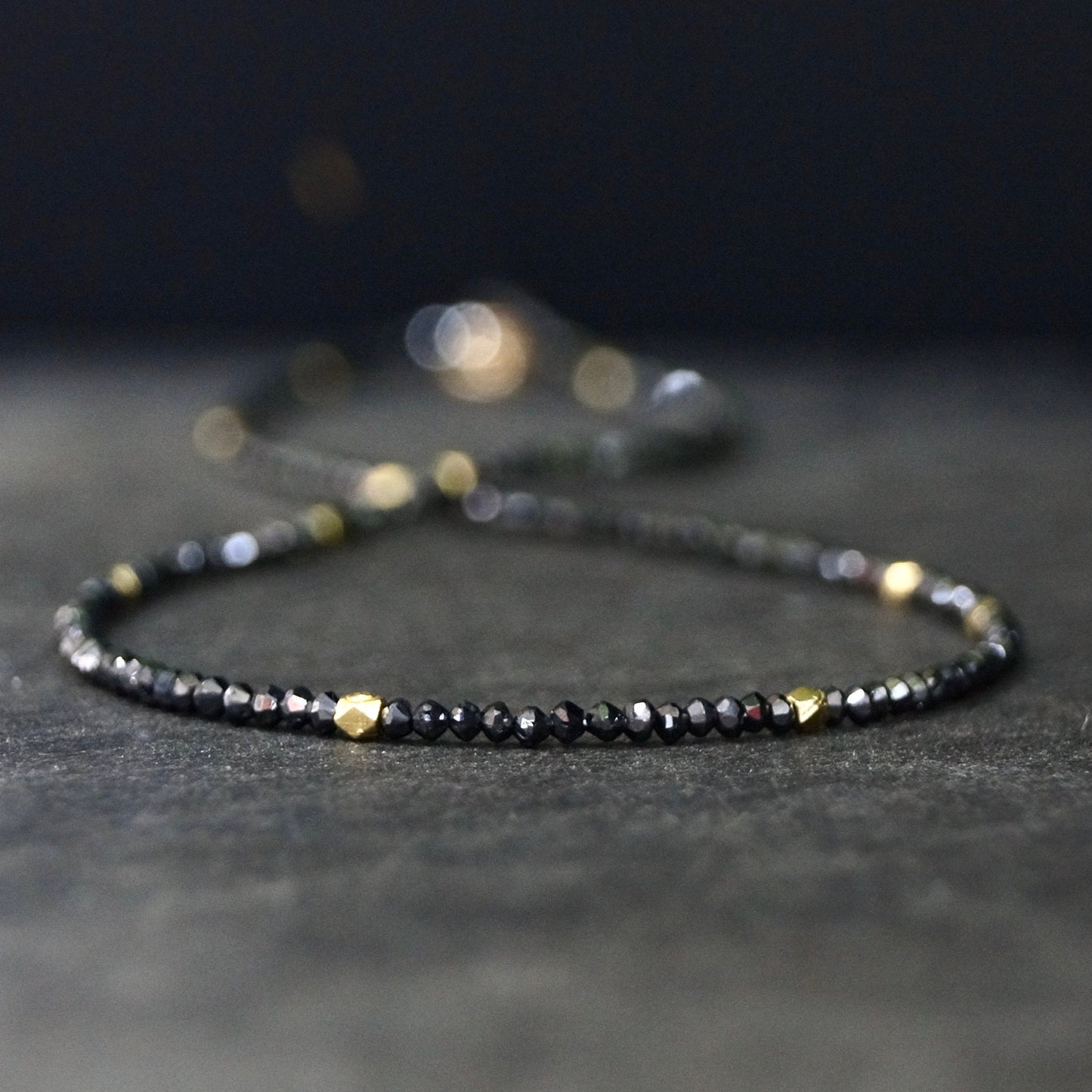 14K Solid Gold: Genuine Black Diamond Necklace, Choker, Real Natural Diamond, Skinny, Layering Choker, Beaded Precious Stone, Beaded Gold