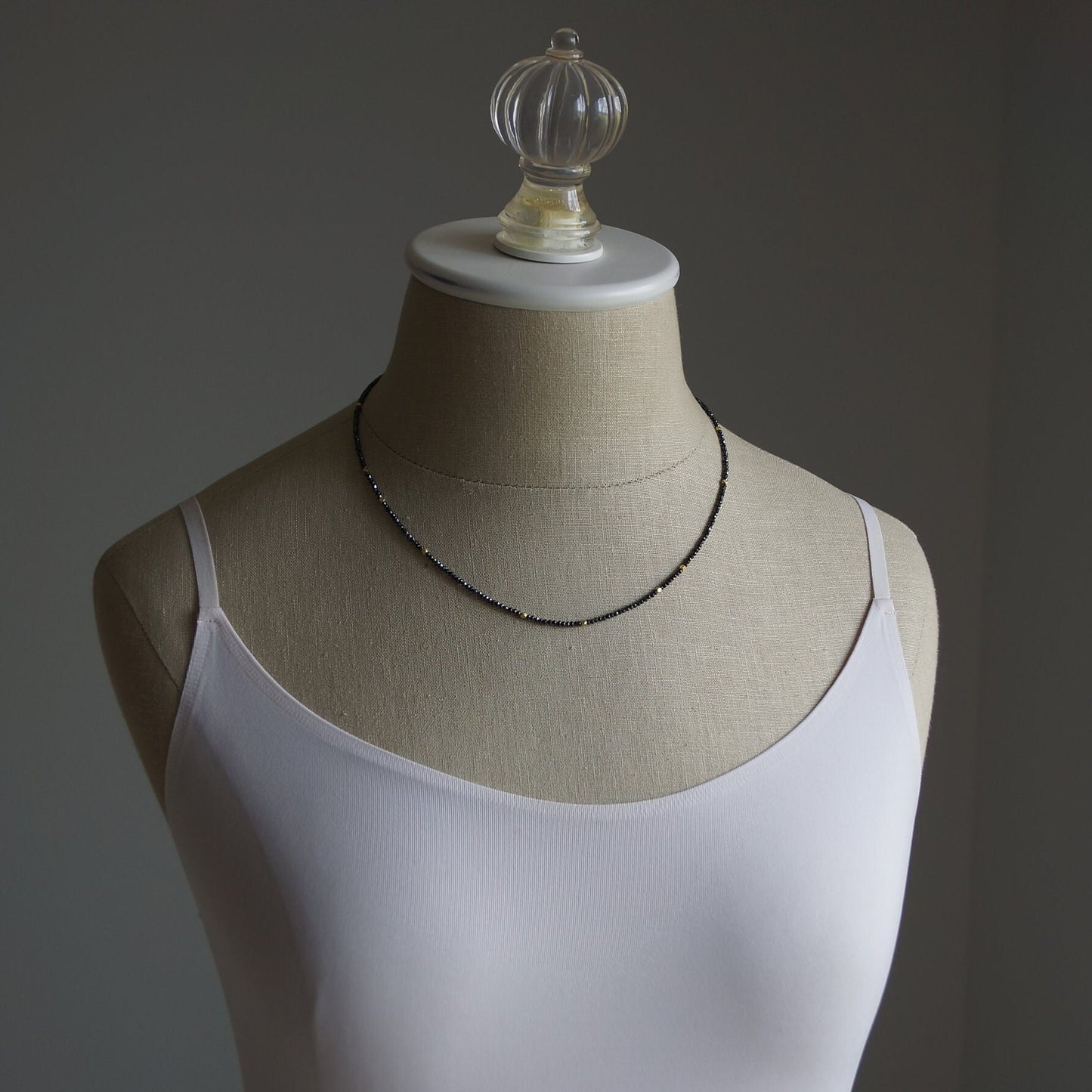 14K Solid Gold: Genuine Black Diamond Necklace, Choker, Real Natural Diamond, Skinny, Layering Choker, Beaded Precious Stone, Beaded Gold