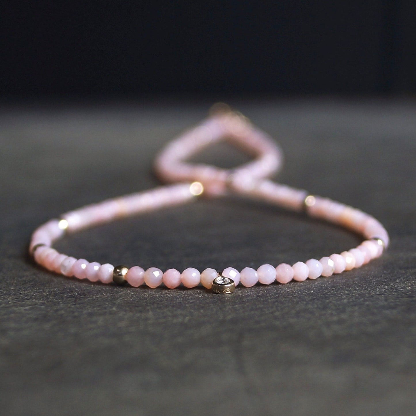 14K: Diamond & Pink Opal Necklace| 2.5mm | Pastel Pink Gemstone |Bead Necklace |Dainty Necklace | Fine Jewelry| For Wife| Anniversary Gift