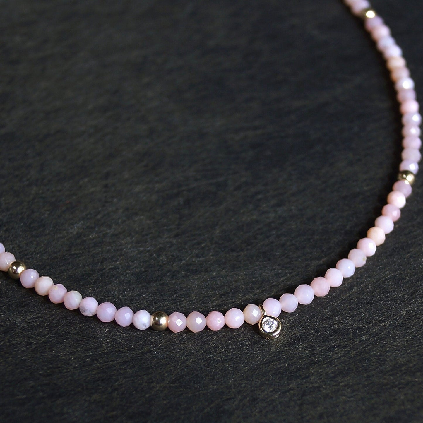 14K: Diamond & Pink Opal Necklace| 2.5mm | Pastel Pink Gemstone |Bead Necklace |Dainty Necklace | Fine Jewelry| For Wife| Anniversary Gift