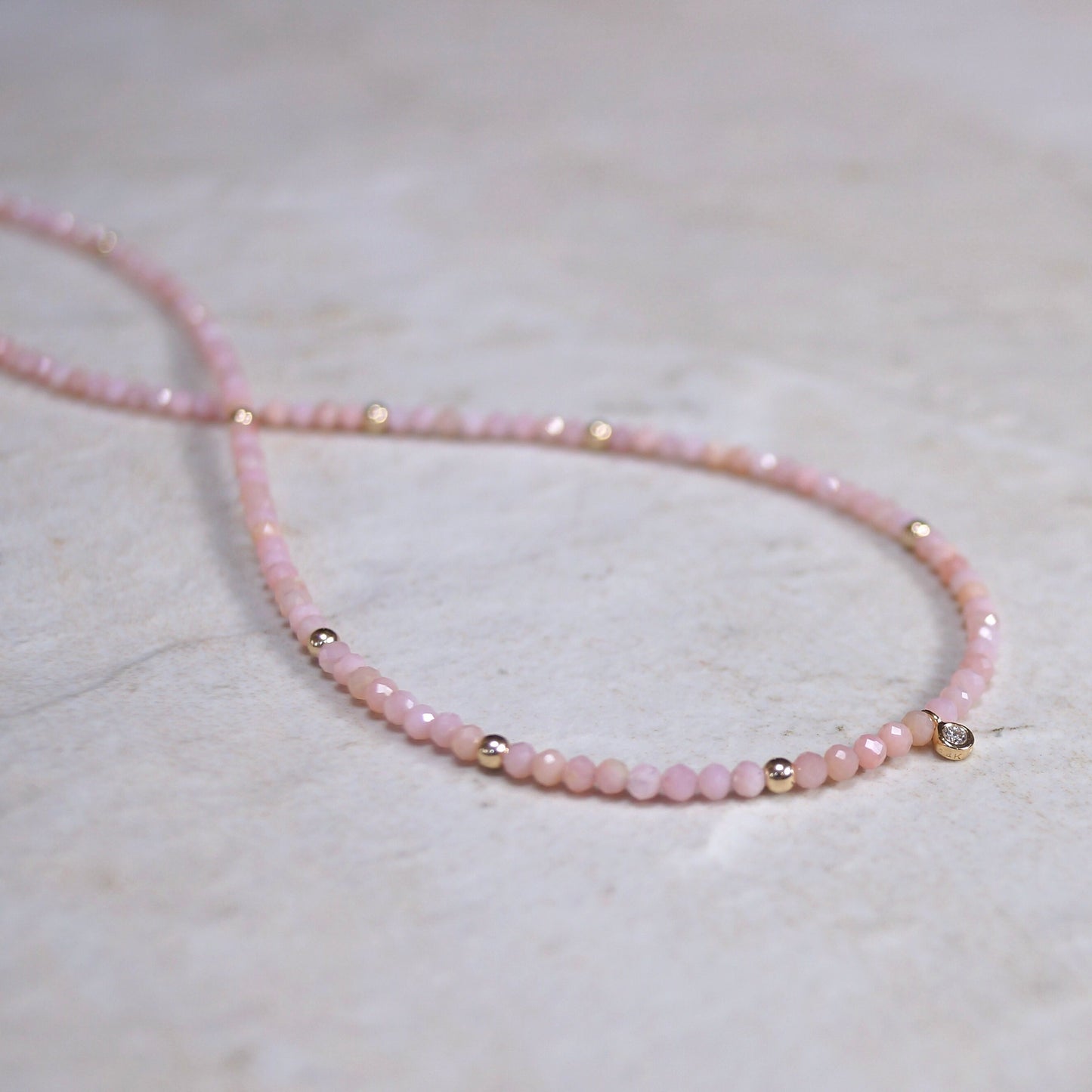 14K: Diamond & Pink Opal Necklace| 2.5mm | Pastel Pink Gemstone |Bead Necklace |Dainty Necklace | Fine Jewelry| For Wife| Anniversary Gift