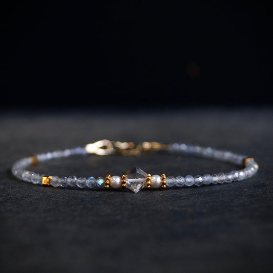 14K Solid Gold and Vermeil Herkimer Diamond Beaded Bracelet, Labradorite, Skinny Delicate Bracelet