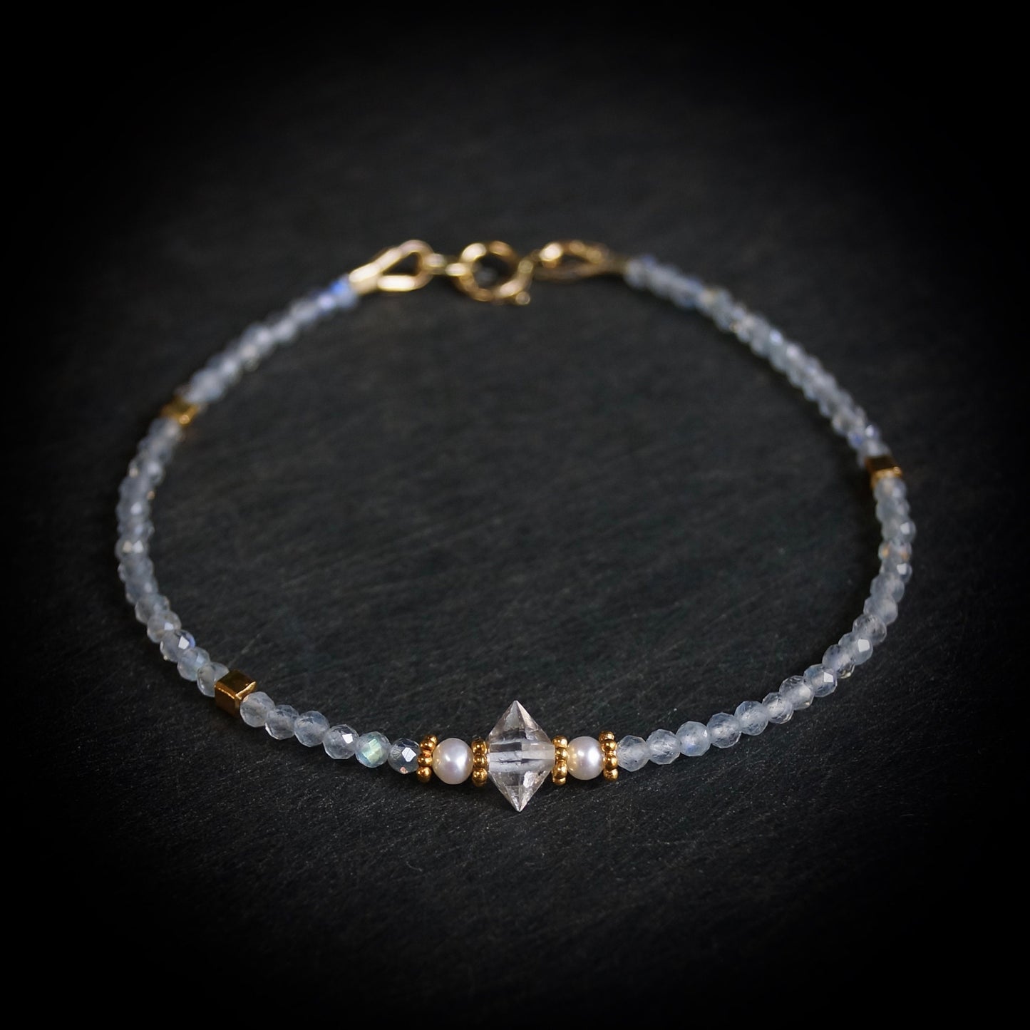 14K Solid Gold and Vermeil Herkimer Diamond Beaded Bracelet, Labradorite, Skinny Delicate Bracelet