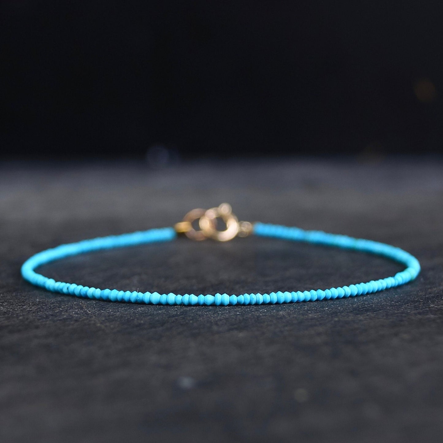 14K Solid Gold: Tiny 1.5mm Turquoise Bead Bracelet, Stacking Bracelet, Extra Dainty Jewelry, 1.5mm, Fine Jewelry, Matt Turquoise, Skinny